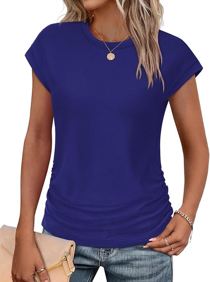 Sampeel Womens Summer Tops Trendy 2026 Ruched Cap Short Sleeve Tshirts Shirts Crew Neck T Shirts Fashion