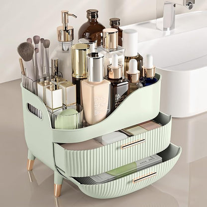 Pajiriona Makeup Organizer with Drawers, Green Skincare Organizer for Vanity, Storage Box with Handle, Large Cosmetic Display Case for Dresser, Bathroom Countertop