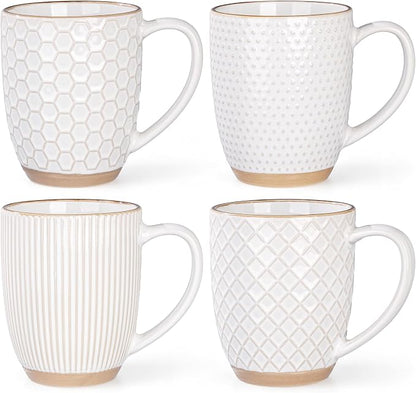 GBhome Large Coffee Mugs Set of 4, 16oz Handmade Embossed Coffee Mugs Set with Large Handle for Cappuccino/Latte/Tea/Hot Cocoa, Dishwasher & Microwave Safe, Off White