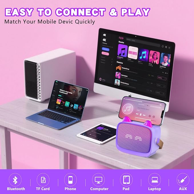 Mgaolo Upgraded Mini Karaoke Machine Toy for Kids, Portable Bluetooth Speaker with 2 Wireless Mics, Emoji & Colorful LED Lights, Home Travel & Party Play Gifts for Boys Girls (Purple)
