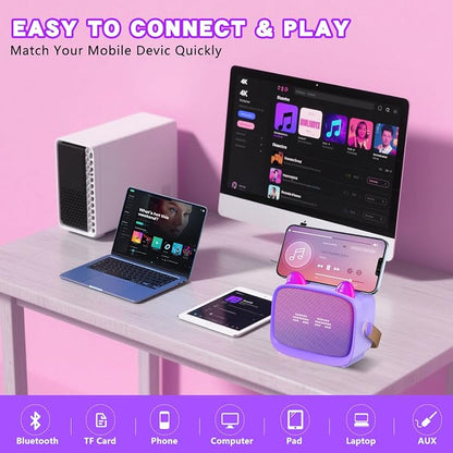 Mgaolo Upgraded Mini Karaoke Machine Toy for Kids, Portable Bluetooth Speaker with 2 Wireless Mics, Emoji & Colorful LED Lights, Home Travel & Party Play Gifts for Boys Girls (Purple)