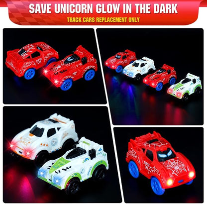 Save Unicorn Tracks Cars only Replacement,Track Cars for Tracks Glow in The Dark, Car Tracks Accessories with 3 Flashing LED Lights, Compatible with Most Tracks Car for Kids Boys(4pack)