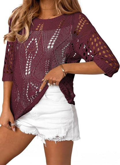 EVALESS Womens Crochet Hollow Out Knit Tops Half Sleeve Spring Summer Sweaters Beach Cover Ups for Women Trendy 2026