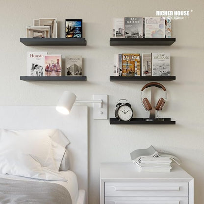 RICHER HOUSE 5 Set Floating Wall Mounted Shelves, Black Shelves for Wall Decor, Modern Picture Ledge Shelf with Lip for Storage, Nursery, Bedroom, Living Room, Bathroom - Black | Display Picture Ledge Shelf, Anti-drop lip Shelf for Room Wall Decor, Bed...