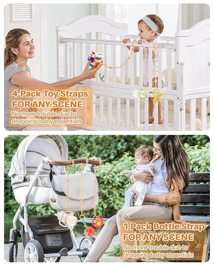 LittleHugs Toy Straps for Baby, Adjustable Toy Holder for Stroller Accessories, Silicone Tether Pacifier Clip, No Throw Travel Essential Leash for High Chair, Car Seat (4 Pack Macaron)