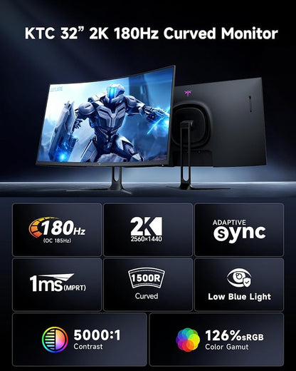KTC 32 Inch Curved Gaming Monitor, QHD 2560x1440 180Hz Curve Monitors 1500R, Up to 185Hz, 1MS w/Adaptive Sync, 5000:1, HDMI Displayport, Tiltable, Eye Care, Vesa Mount H32S5