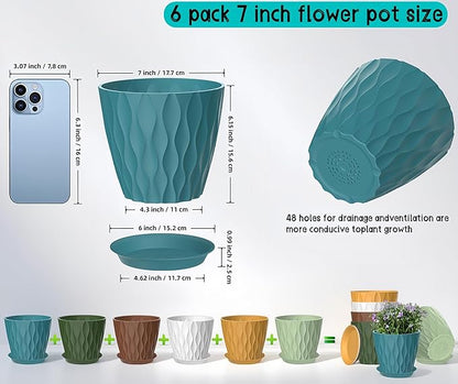 6 Pack 7 Inch Plant Pots with Drainage and Saucers, Multicolour Plastic Flower Pots for Indoor and Outdoor Plants, Stackable Nursery Planters for Houseplants and Herbs, Multicolour