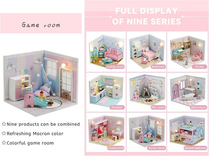 Kisoy Dollhouse Miniature with Furniture Kit, DIY 3D Wooden DIY House Kit A Corner of a Small Apartment Style with Dust Cover & LED,Handmade Tiny House Toys for Kids Adults Gift (Toy Room)