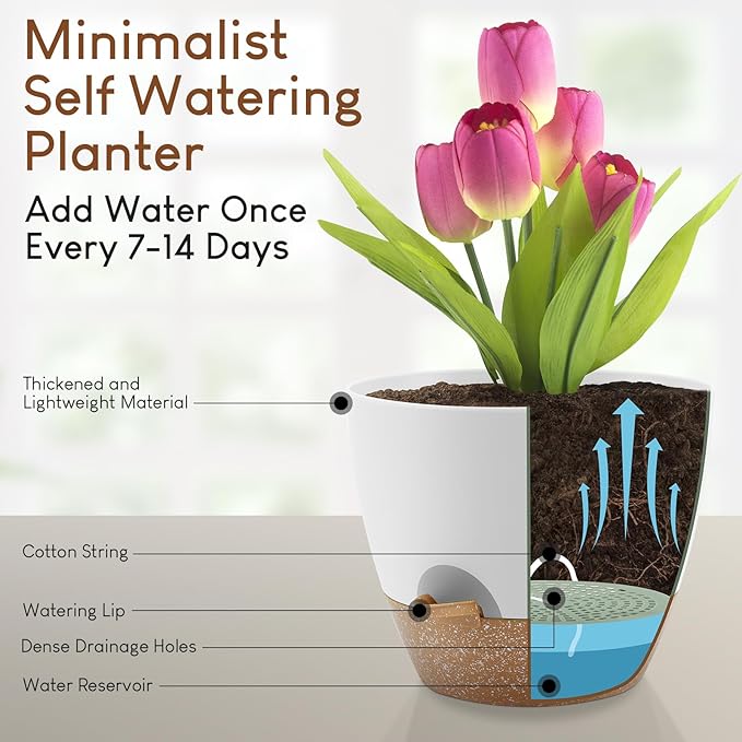 Plant Pots 10/9/8/7.5/7 inch, Self Watering Planters with Drainage Holes & Saucers for Indoor and Outdoor Plants (White)