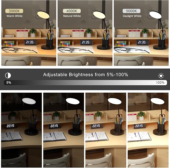 comzler Small Desk Lamp, LED Desk Lamps with Pen Phone Holder, Black Desk Light for Home Office,8W 3 Modes Dimmable LED Desk Light for Kids, Desktop Study Lamps for Bedrooms
