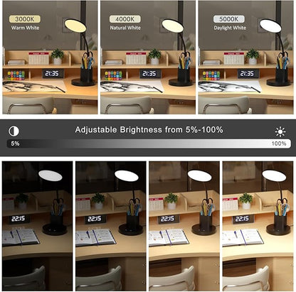 comzler Small Desk Lamp, LED Desk Lamps with Pen Phone Holder, Black Desk Light for Home Office,8W 3 Modes Dimmable LED Desk Light for Kids, Desktop Study Lamps for Bedrooms