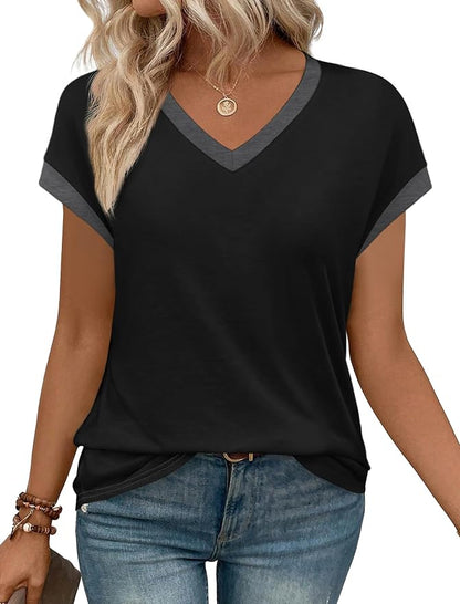 WIHOLL Womens Summer Tops 2026 Cap Short Sleeve Shirs V Neck T Shirts Fashion Beach Vacation Clothes Color Block