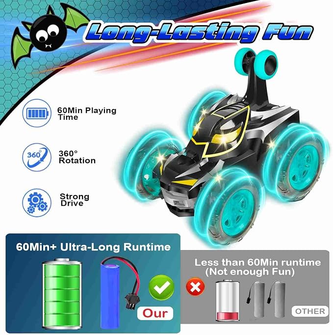 Kids Toys Bat RC Car for Boys 4-7 - Cool Bat Monster Remote Control Crawler Toy 360° Flip Fast Stunt & 4WD Light Up Wheel - Fun Boy Gift Idea for Birthday Chirstmas Stuff Age 3 4 5 6 7 8