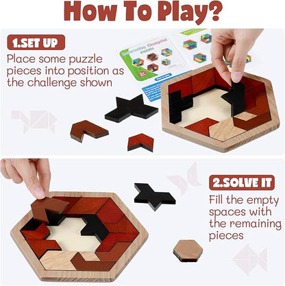 Yunsailing 3 Pack Large Hexagon Tangram Puzzle Wooden Brain Puzzles for Adult Challenge Wood Russian Blocks Brain Teasers Geometric Jigsaw Block Logic Iq Stem Family Graduation Gifts(Vintage)