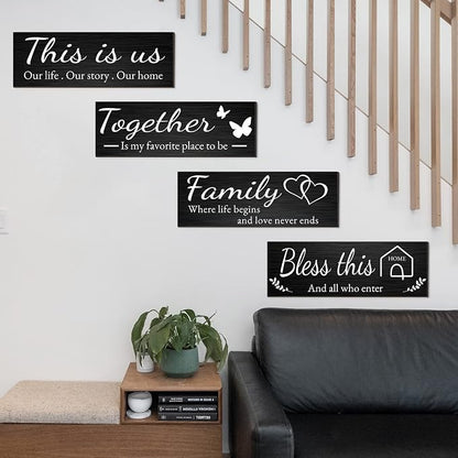 Joyhawk 4 Pieces Home Wall Decor Signs, THIS IS US/TOGETHER/BLESS THIS HOME/FAMILY Wall Decor For Living Room Bedroom, Rustic Wooden Farmhouse Wall Art Decor, 4.7 x 13.8 Inch(Black)