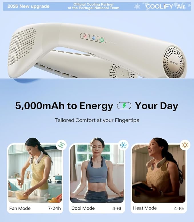 TORRAS COOLiFY Air 2026 Upgraded Neck Fan Air Conditioner, Dual-Airflow Pro Cooling, Ultra Light Portable Fan Rechargeable, Personal Cooling Fan Travel Essentials, Gift for Dad Father,White