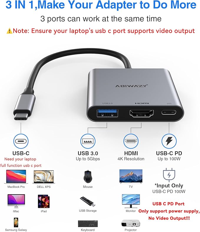 USB C to HDMI Multiport Adapter with 4K HDMI Output,Type-C Hub Converter to 4K HDMI USB 3.0 PD Charging Port,USB-C Digital AV Multiport Adapter for MacBook Pro/air,iPad Pro &More USBC Devices(Grey)