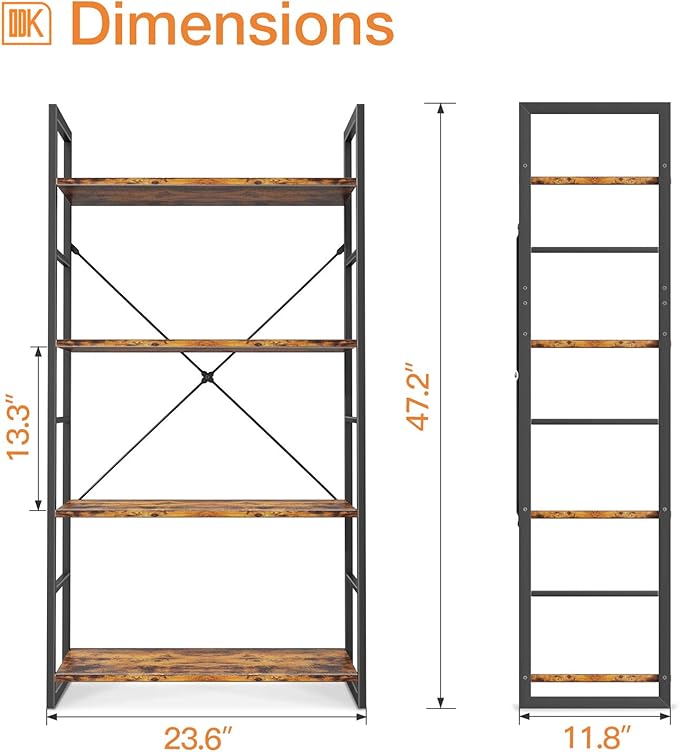 ODK Bookshelf, 4 Tier Shelf Storage Organizer, Modern Book Shelf with Metal Frame for Bedroom, Living Room and Home Office, Rustic Brown