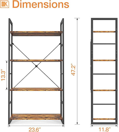 ODK Bookshelf, 4 Tier Shelf Storage Organizer, Modern Book Shelf with Metal Frame for Bedroom, Living Room and Home Office, Rustic Brown