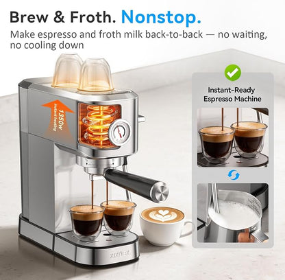 XIXUBX Espresso Machine with Milk Frother for Cappuccino & Latte for Home | 20-Bar Pump, Built-in Pressure Gauge, Powerful Steam Wand, Milk Frothing Pitcher, 42 oz Removable Water Tank, Stainless Steel