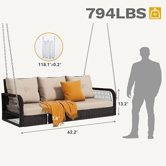 DWVO 3 Seats Porch Swing Hanging Bench Swing Outdoor Wicker Patio Swing Lounge Front Rattan 794lbs for Garden, Balcony, Brown&Beige