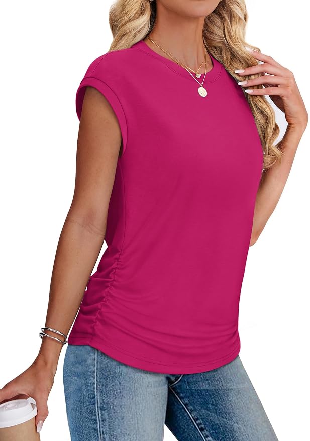 Sampeel Womens Summer Tops Trendy 2026 Ruched Cap Short Sleeve Tshirts Shirts Crew Neck T Shirts Fashion
