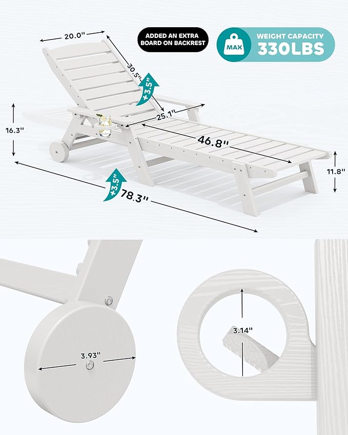 SERWALL Patio Chaise Lounge Chair Set of 2, 78'' Long 5-Positions Adjustable HDPE Outdoor Lounger for Pool, Poly Lounge Chair with Rolling Wheels & Cup Holder for Poolside, Deck, White