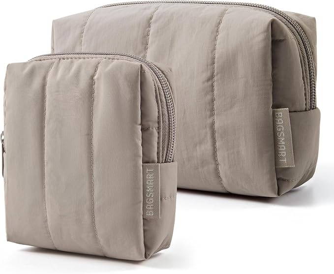 BAGSMART Puffy Travel Makeup Bag Duo Large & Small for Women, Greige | Puffy Padded, Travel Cosmetic Organizer with Slip-in Pockets, Large Toiletry Bag & Small Purse Pouch, Travel Essentials