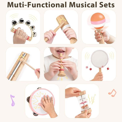 Musical Toys for 2 3 Year Old Girl Birthday Gifts, Wooden Montessori Toys for 2 Year Old, 8 in 1 Musical Instruments for Toddlers with Drum/Hand Bells/Flute/Maracas, Preschool Toys for Baby 18+ Months