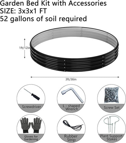 Galvanized Metal Planter Round Raised Garden Bed Kit for Gardening Outdoor，3x3x1ft 2PC Grow Garden Box Raised Flower Bed，Round Galvanized Planter Outdoor Large Metal Fire Pit Ring Black