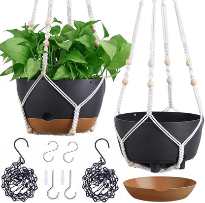 Set of 2-10 Inch Hanging Planters for Indoor Plants with Self-Watering Includes Hanging Pots for Plants, Outdoor Hanging Plant Pot with Drainage, and 2 Types of Hanging Baskets Hangers (Black, 10inch)