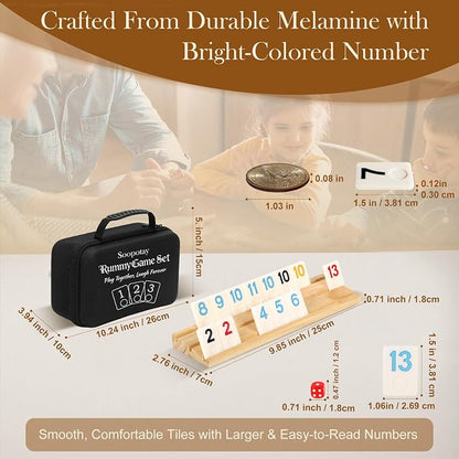 Soopotay Upgraded 2-4 Players Rummy Game, 106 Melamine Tiles, 4 Wooden Racks, Premium Portable Case, Drawstring Bags, Tile Board Games for Adults, Birthday Gifts for Men Women Dad Mom