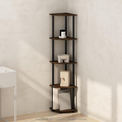 Furinno Turn-N-Tube Storage Shelves, 5-Tier Book Shelf, Corner Shelf, Toolless Open Shelves, for Organization and Storage, Living Room, Home Office, Hallway, Bedroom, Columbia Walnut