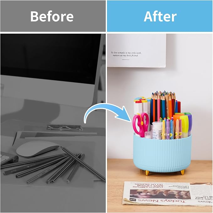 Marbrasse Desk Organizer, 360-Degree Rotating Pen Holder, Desk Organizers and Accessories with 5 Compartments Pencil Holder, Art Supply Storage Box Caddy for Office, Home（Light Blue）