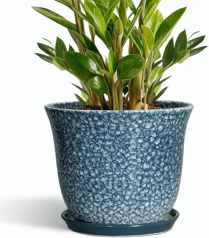 10 Inch Plant Pot - Ceramic Planter for Indoor Outdoor, Round Flower Pots with Drainage Hole and Saucer, Modern Decorative Planter for Plants, Home Office Decor, Plant Lover Gifts, Blue