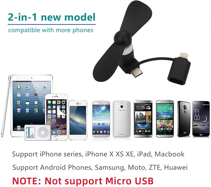 Type USB C 2-in-1 Cell Phone Fan, for iPhone All Series 7 8 X 11 12 13 14 15 16 17 XS XR Plus Mini Pro Max SE, for Samsung Galaxy S, Z Fold Flip, A1/A2/A3/A5 Series, M1/M3/M5, Note Series (Black x6)