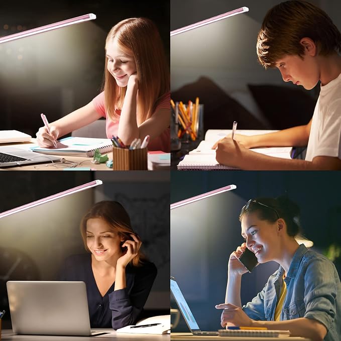 Led Desk Lamp, Desk Lamp with USB Charging Port, 5 Color Modes, 10 Brightness, Natural Light, Eye Caring Reading Lamp, Desk Light for Home Office, Table Lamp, Touch Control, Auto-Timer, Pink