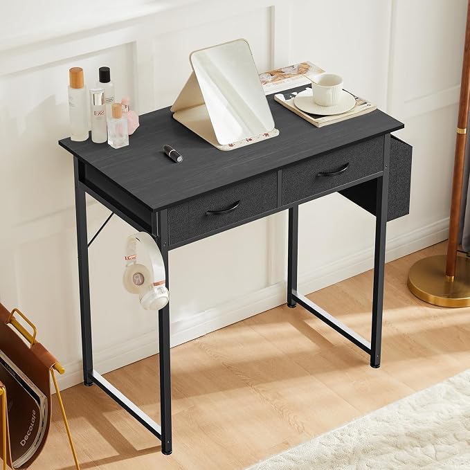 DUMOS 32" Home Office Computer Desk with Drawers, Small Gaming Writing Study Table with Storage Side Bag, Headphone Hook and Adjustable Feet for Bedroom Black | Home Office Desk for Bedroom, Gaming Writing Study Desk with Adjustable Feet
