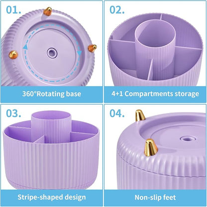 Marbrasse Desk Organizer, 360-Degree Rotating Pen Holder, Desk Organizers and Accessories with 5 Compartments Pencil Holder, Art Supply Storage Box Caddy for Office, Home（Purple）