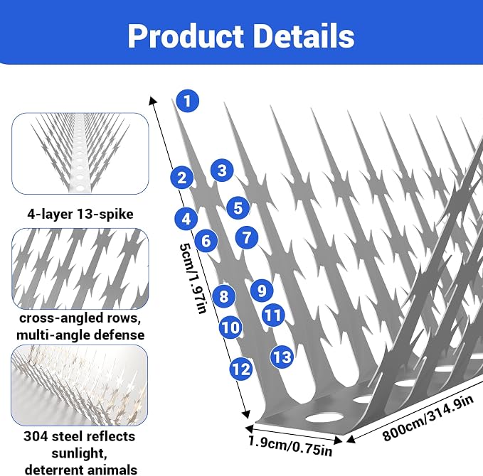 Bird Spikes Squirrel Proof Baffle for Bird Feeders, 320 Inch Avoid Climb Spikes for Outside, Fence, Wall, Tree, Drainpipes, Deterrent Spikes for Squirrel, Pigeons, Raccoon, Cat, Stainless Steel Spikes