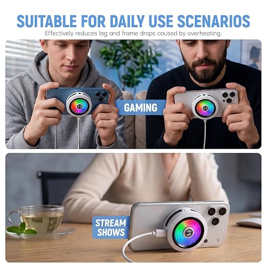 Phone Cooler for Gaming, Low Noise USB Cell Phone Cooler with Smart Temp Control, Phone Cooling Fan with RGB LED Lights, Magnetic Ring & Clip Fan for Phone Gaming & Streaming (White)