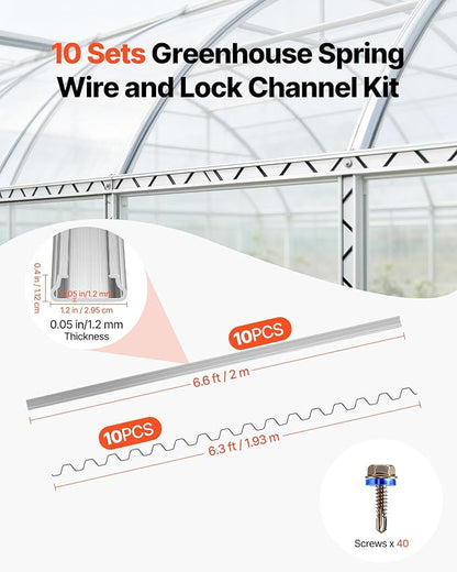 VEVOR Greenhouse Spring Wire and Lock Channel, 10 Packs 6.56 ft PVC-Coated Wiggle Wire & Aluminum Alloy Channel Bundle Kit with Included Screws, 0.05 in Thickened, Poly Film & Shade Cloth Attachments