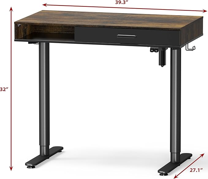 SHW Claire 40 Inch Height Adjustable Electric Standing Desk with Storage Space and Drawer, Rustic Brown