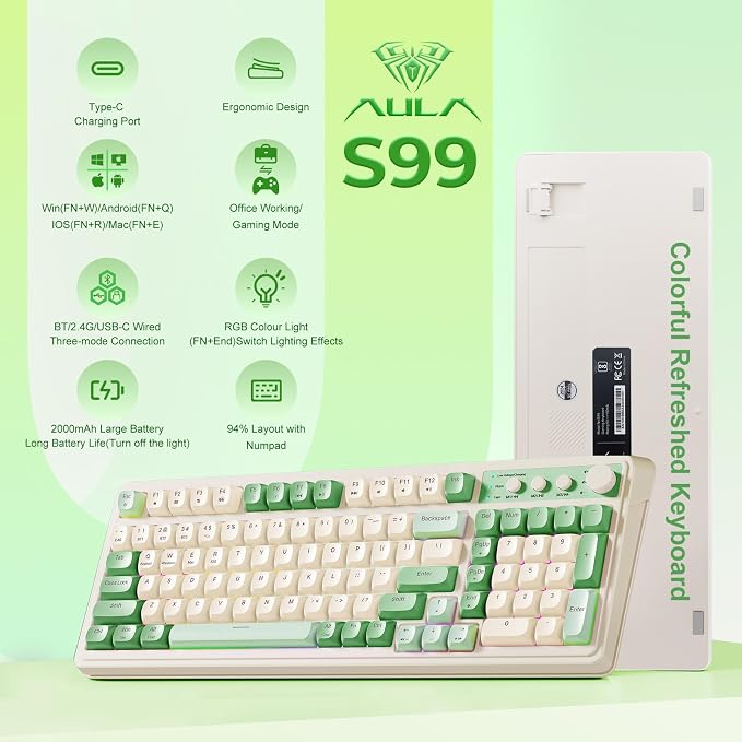 AULA S99 Gaming Keyboard, Wireless Green Creamy Computer Keyboards | Tri-Mode Bluetooth/2.4GHz/USB-C Membrane Keyboard with Number Pad,99Keys,RGB Backlit,Programmable,Creamy Silicone Structure