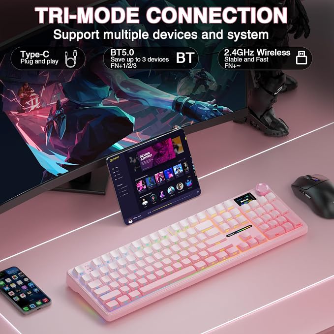 AULA F108 PRO - Wireless Mechanical Keyboard with Screen & Knob,Full Size Keyboard with 8000mAh Battery,Pre-lubed Switches,Side Printed PBT Keycaps,RGB Backlit Hot Swappable Custom Pink Keyboards