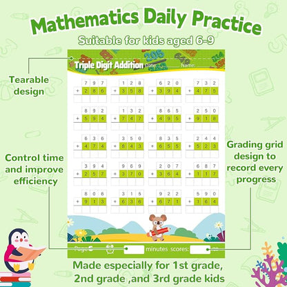 Addition and Subtraction Workbook Triple Digit Math Practice Worksheets for 2nd 3rd Grade, Addition&Subtraction Worksheets One Page A Day Math for Ages 6-9, Math Repetition Exercise Daily, 56 Pages
