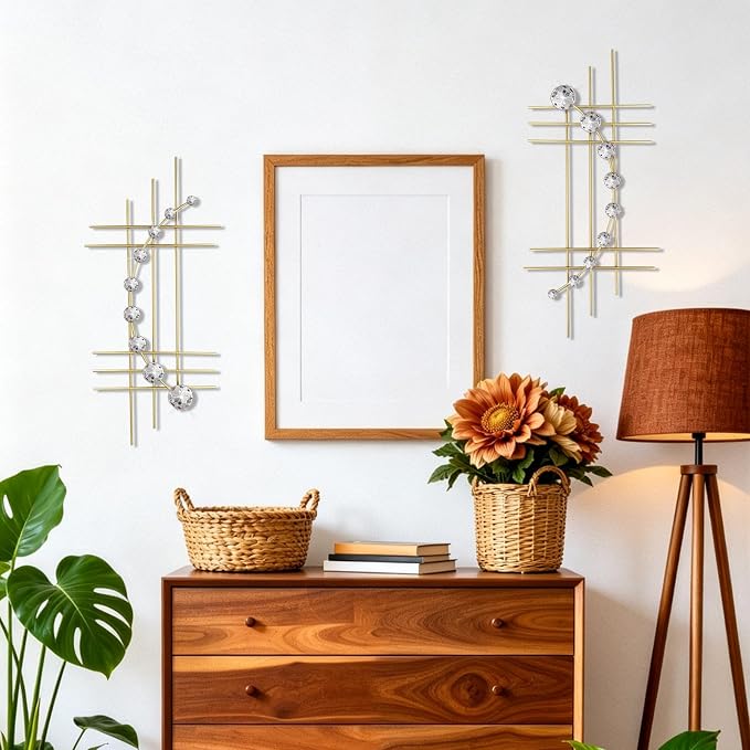 ZEXUIRU 2 Pcs Abstract Metal Art for Wall Decor Living Room Bedroom Bathroom Office Metal Bling Modern Geometric Hanging Vertical Small Iron Sculpture Plaque Pack -Gold 15.7in