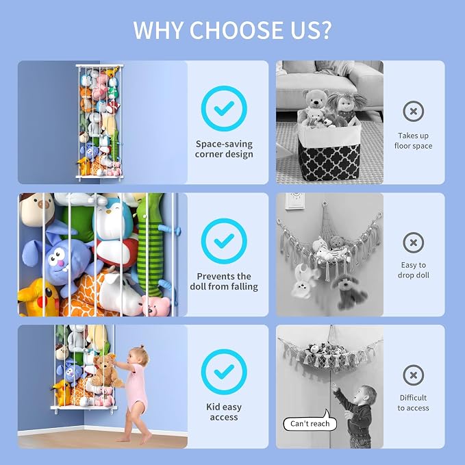 Stuffed Animal Storage Shelf Organizer(Patented) - Corner Stuffed Animal Holder Length Adjustable - Wall Plush Storage for Nursery Playroom Bedroom Kids Room (Milky White, Standard)