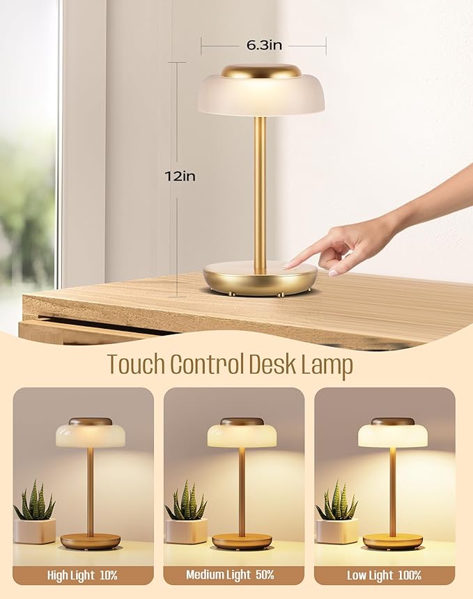 QiMH Battery Operated LED Table Lamp, 5000mAh Cordless Desk Lamp with 3 Level Brightness Touch Control, Mini Rechargeable Night Light for Living Room, Bedroom, Outdoor bar (Gold)