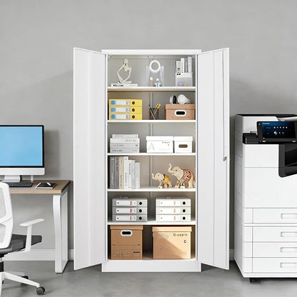 Metal Garage Storage Cabinet, 72" Tall White Tool Cabinet with Lockable Doors and 5 Adjustbale Shelves for Garage,HomeOffice